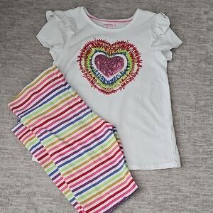 Isaac Mizrahi White Tee with Pink Sequin Heart & Rainbow Stripe Pants